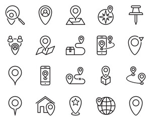 Fototapeta premium Set of 20 pin line icon. geography, satellite, cartography, find, target, distance, globe, lined, mark, navigation, point, position