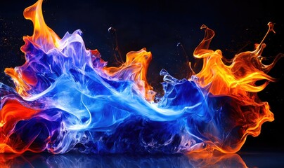 Water splashes with blue and orange colors, abstract like fire and smoke. Generative AI