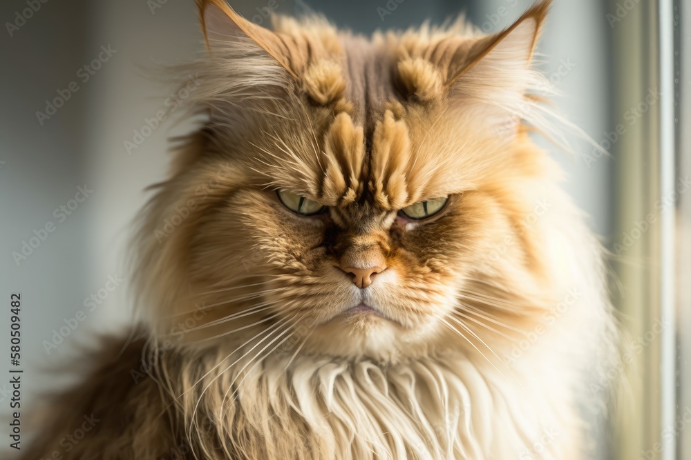 Poster close up front portrait of a tan, long haired cat with an angry face. window and white wall in backg