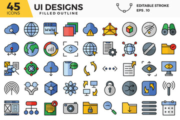 UI design (filled outline) icons set.
The collections include for web design ,app design, UI design,business and finance ,network and communications and other.
