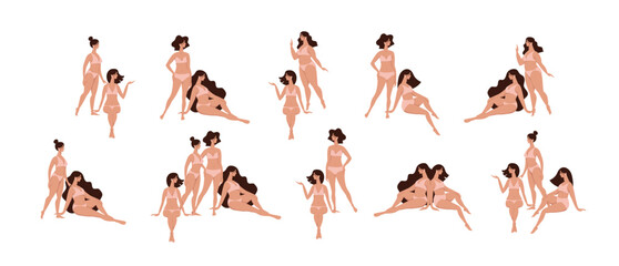 Women in swimsuits stand and sit in different poses, set of a group of characters of a woman in lingerie for a beauty salon, women s health, vacation on the beach. Flat vector illustration.