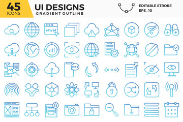 UI design (gradient outline) icons set.
The collections include for web design ,app design, UI design,business and finance ,network and communications and other.
