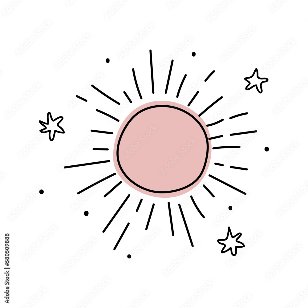 Poster Sun with rays icon, line doodle pattern, simple boho tattoo with stars, logo, emblem. Vector illustration isolated on white background.