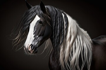 Obraz na płótnie Canvas Close up picture of a black horse with a long mane. White and black. Generative AI