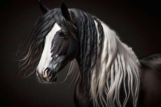 Close up picture of a black horse with a long mane. White and black. Generative AI