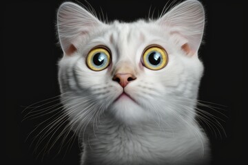 Fototapeta premium Close up funny portrait of surprised pure white exotic cat head on isolated black background, front view, curious and fascinated looking up, big eyes. Generative AI
