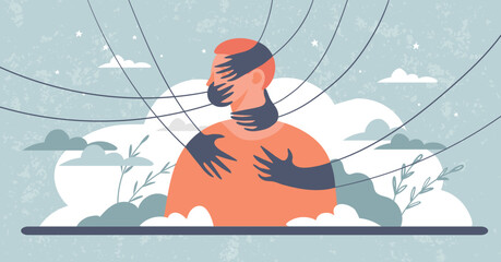 Conceptual illustration of childhood trauma, domestic violence, violation of personal boundaries, harassment. People s hands touch the man, strangle, hold the man. Psychology vector banner. - obrazy, fototapety, plakaty