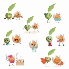 Fotobehang Illustration vector set, collection with funny  tomatillo, tomato, physalis, physalis, uvilla, phisalis, uchuva, phisalys, ground cherry  characters doing sports, playing musical instruments. © Natalia