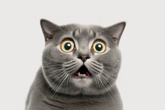Gray cat with wide open eyes looking up with fear and surprise on white background. Generative AI
