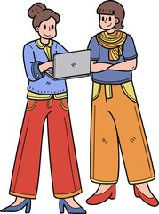 businesswoman planning work with tablet illustration in doodle style