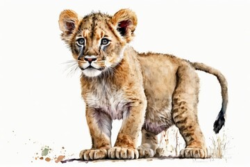 Obraz premium Baby lion, lion cub watercolor Stands out against a white background. Animal from Africa. Painting with watercolor. Generative AI