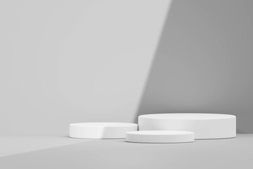 White cylinder pedestal podium with shadow Minimal scene for product display presentation Stage for showcase geometric platform 3d abstract background