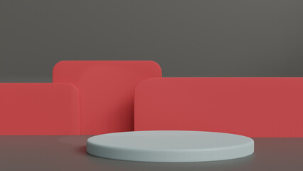 Podium showing black red round products for trading. 3D rendering.