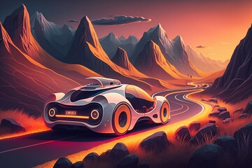 Obraz na płótnie Canvas Sunset Road Trip with Futuristic Car. Generative AI.