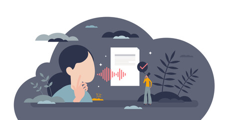 AI transcription software as speech into text transcript tiny person concept, transparent background. Talking language conversion to written document.