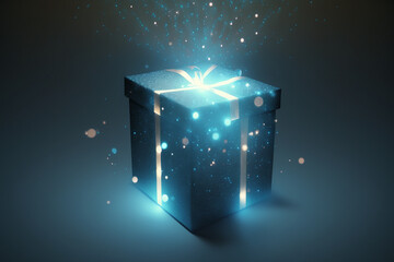 Blue gift box with magical lights made with Generative AI