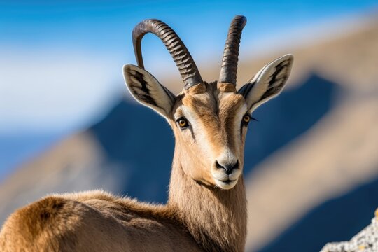 Ibex portrait. Switzerland wildlife. Ibex, Capra ibex, horned alpine animal, close up detail portrait, animal in its natural habitat of stone, Alps. Blue sky and wild animals. Generative AI