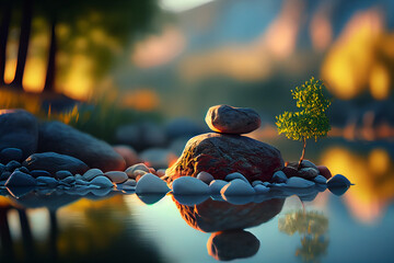 beautiful landscape digital art design. stone reflect with the water in the river. meditation place. wallpaper background.
