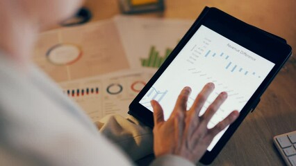 Tablet screen, woman hands and data analysis, revenue financial report or profit research review. Professional analyst person on digital technology for finance graphs, statistics or business growth - Powered by Adobe