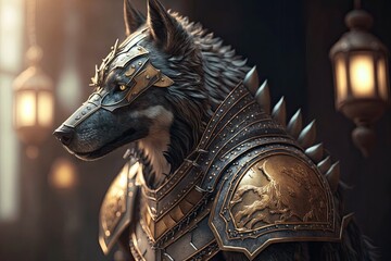 Fototapeta na wymiar A picture of a wolf in knight's armor. Animal with glowing eyes and golden armor from the Middle Ages. Fantasy, photorealistic, concept art, cinematic light, background, and wallpaper. Generative AI
