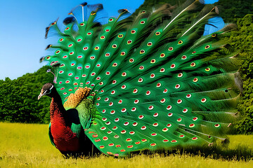 Obraz premium AI generated image of the majestic peacock. Peacocks are also symbolic in many cultures, representing beauty, pride, and immortality