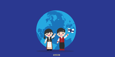  finland  in  dress with a flag. Man and woman in traditional costume. Travel to Latvia finland .