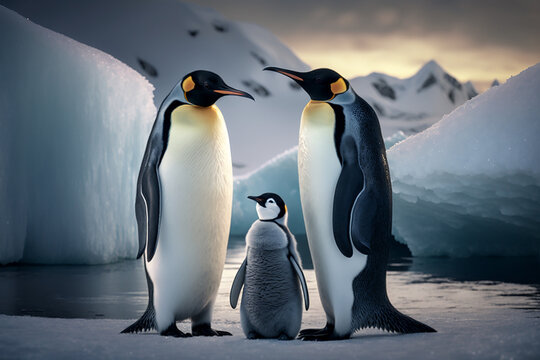 AI generated image of a family of penguins on ice. Penguins are social birds that live in large colonies