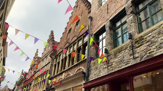 Beautiful historical and medieval houses on the street of Ghent, a city in the Flemish region of Belgium. Travel concept
