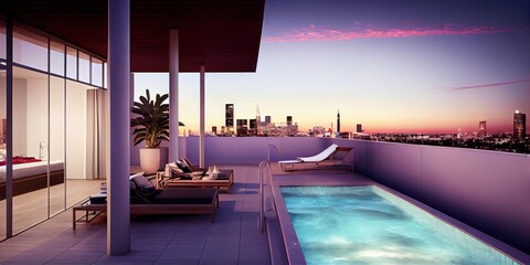 Luxury penthouse apartment terrace with pool overlooking los Angeles skyline, generative AI
