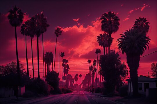 Sunrise at sunset boulevard with pink sky and the palm tree lined road, generative AI