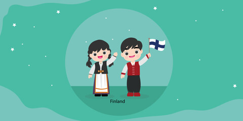 Naklejka premium Finland in national dress with a flag. Man and woman in traditional costume in earth and map.vector illustartion
