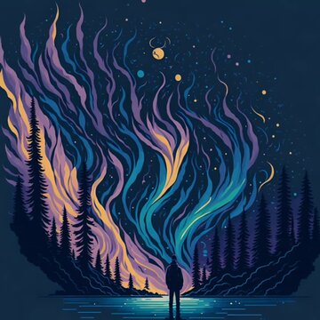 Northern lights Aurora borealis over man ,illustration painting