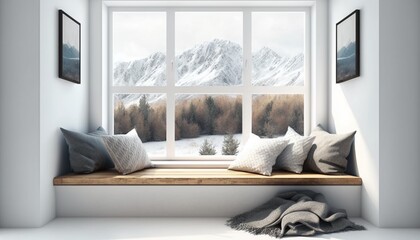 Large window frame nature view from outside, with curtain seat and pillows, modern interior design