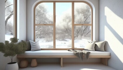 Large window frame nature view from outside, with curtain seat and pillows, modern interior design
