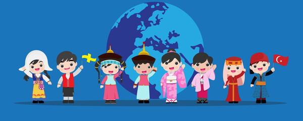 Fototapeta premium kid national Infographic with earth Traditional Costume and Vector Illustration