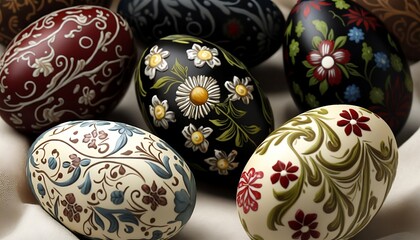 Multi-coloured easter eggs with delicate floral designs, generative ai.