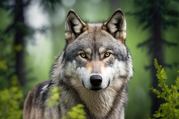 Obraz premium Close up portrait of a grey wolf (Canis Lupus), also called a Timber wolf, with an aggressive look on its face in the Canadian forest in the summer. Generative AI