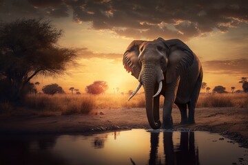 Fototapeta na wymiar Elephants in savannah African wildlife on sunset background, Africa day. Created Generative Ai