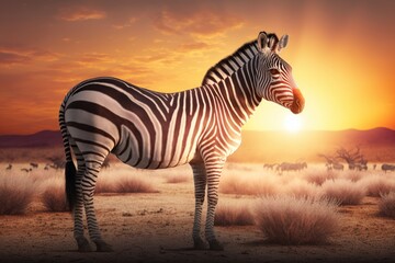 Obraz na płótnie Canvas Zebra in savannah African wildlife on sunset background, Africa day. Created Generative Ai