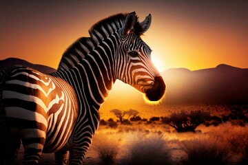 Fototapeta na wymiar Zebra in savannah African wildlife on sunset background, Africa day. Created Generative Ai