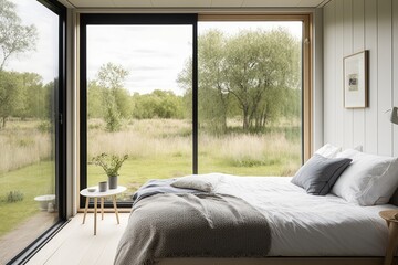 Interior of modern bedroom with wooden floor, panoramic window and green countryside view. Generative AI