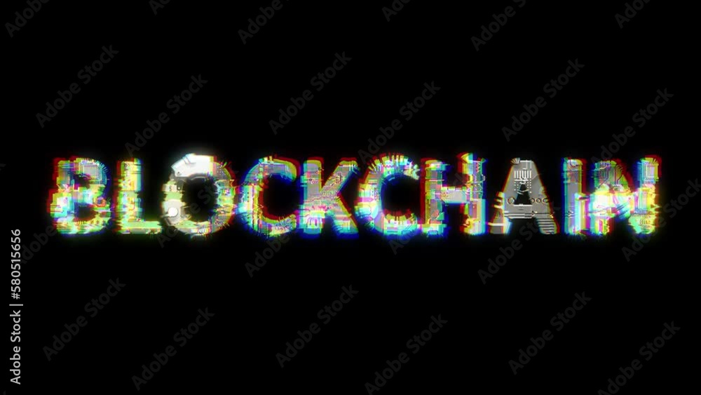 Poster glitch style cybernetic animated text blockchain on black bg, isolated - loop video