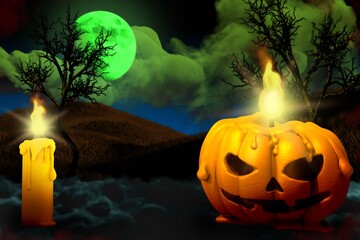 Halloween colorful scary night mockup - background design template 3D illustration with lone candle on left and candle in pumpkin style on right, glowing candles concept