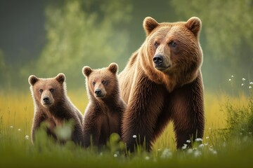 Brown bear, Ursus arctos, mother with two cubs on a green meadow with copy space. Wide panorama banner of a wild animal and her beautiful babies. Animals and other wild things in the summer
