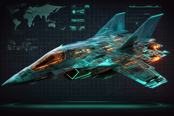 Dangerous Military Fighter Jet Infographic UI in HUD Style. Analysis And Diagnostics. Scan Automobile made with Generative AI