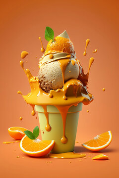 ice cream with fruits on orange background