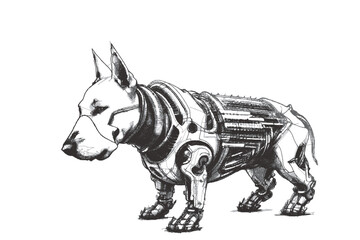 Biomechanical Bull Terrier cyborg. Doodle sketch. Vector illustration.