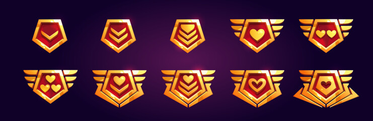 Set of game rank badges with hearts isolated on background. Vector cartoon illustration of golden pentagonal progress medals with chevrons, metal wings. Life, power, energy symbols. Gui elements