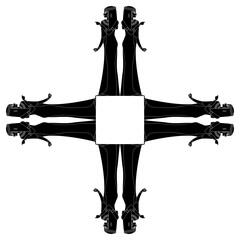 Square cross or frame with figures of ancient Egyptian women. Black and white silhouette.