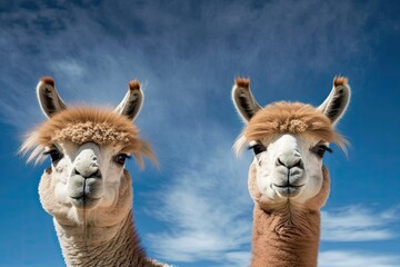 Obraz premium A picture of two alpacas in front of a blue sky. Camelid from South America. Generative AI